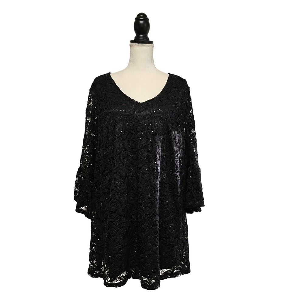 Catherines 3X Black Lace Sequin Bell Sleeve Top Glam Evening Witchy Whimsigoth